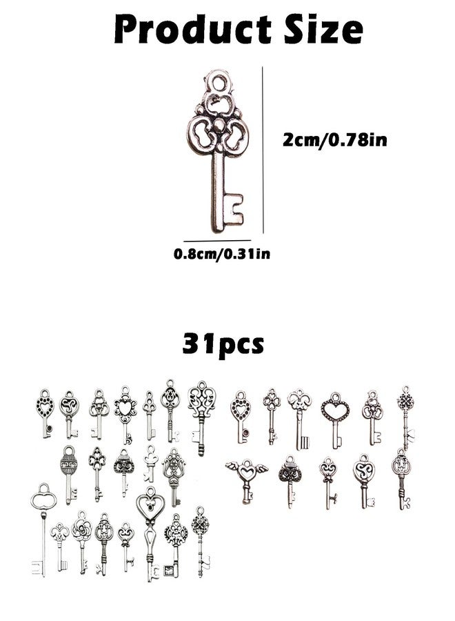 BdelrinQue 31Pcs Silver Small Old Keys, Unique Key Pendant for Necklace and Keychain, Vintage Jewelry Key Charm for DIY Crafts, Assorted Key Shapes Like Heart and Clover, Perfect for Personalized Gifts - Image 2